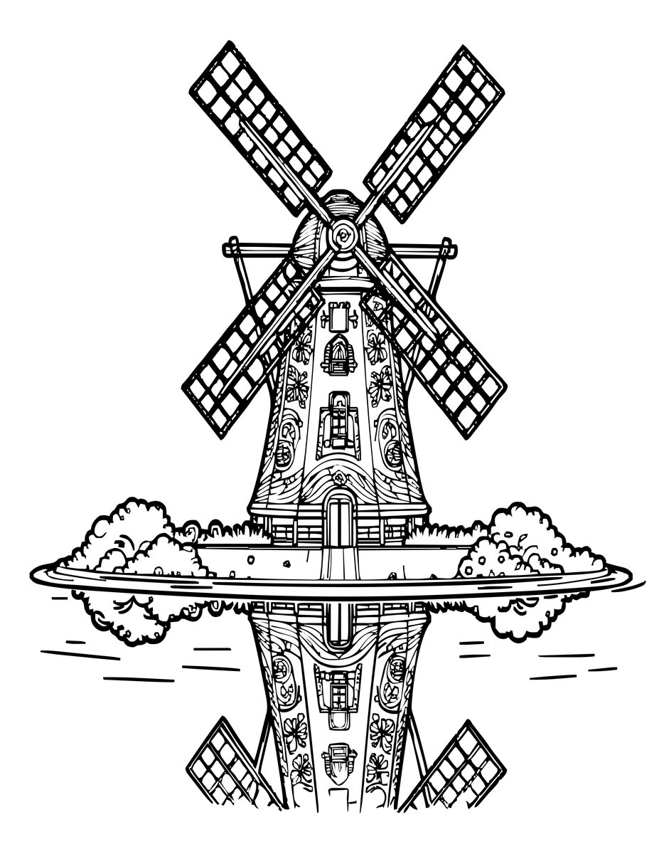 Windmill Reflected - free printable coloring page