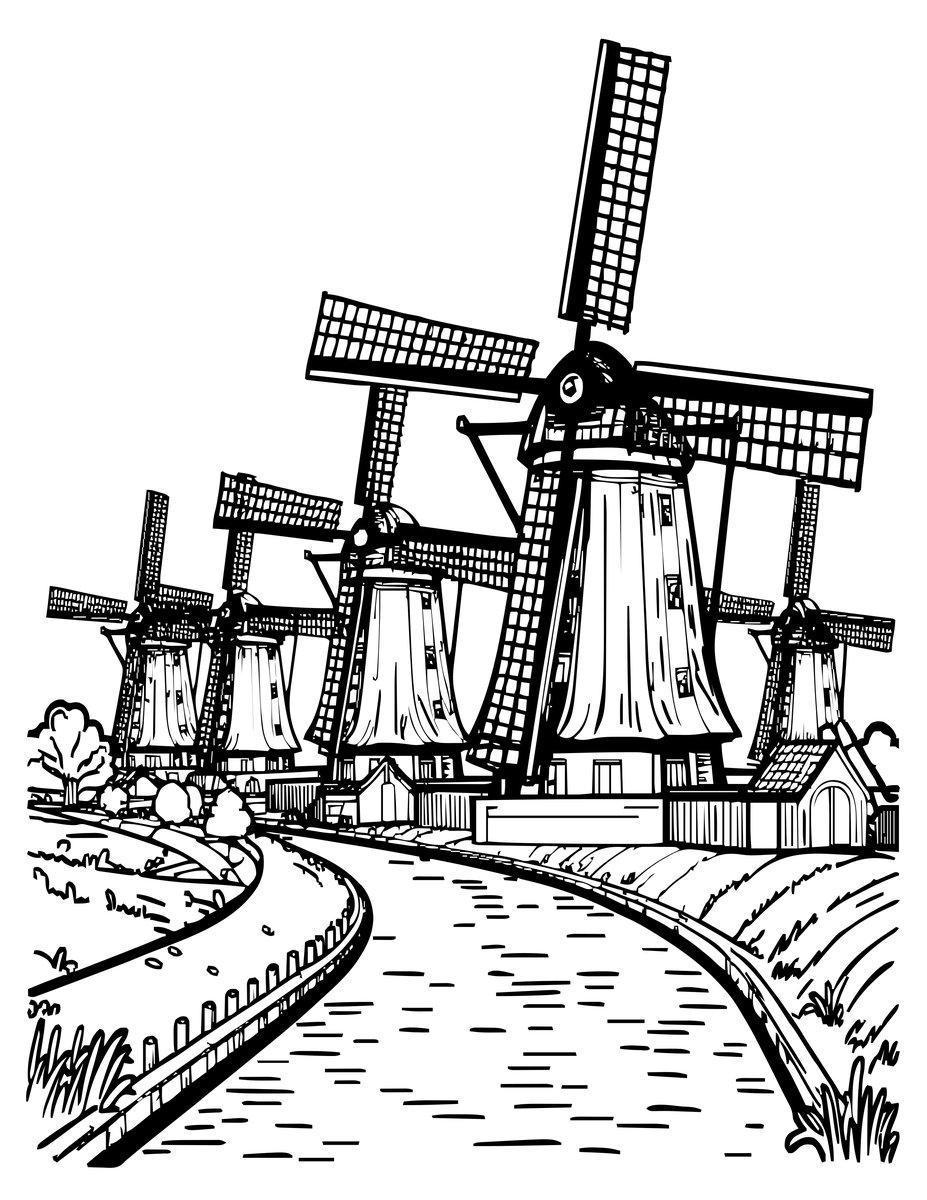 Kinderdijk Windmills - free printable coloring page