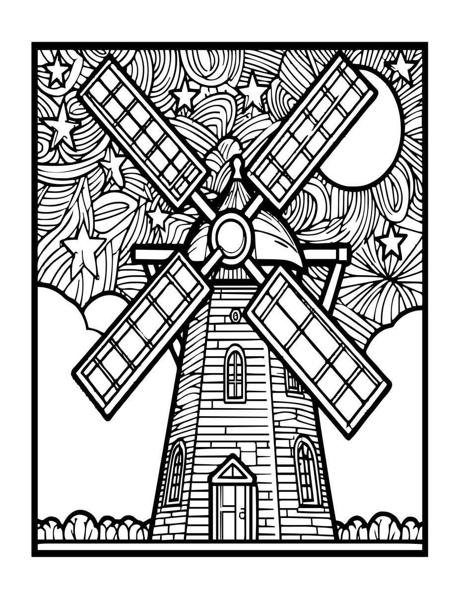 Windmill at Night - free printable coloring page