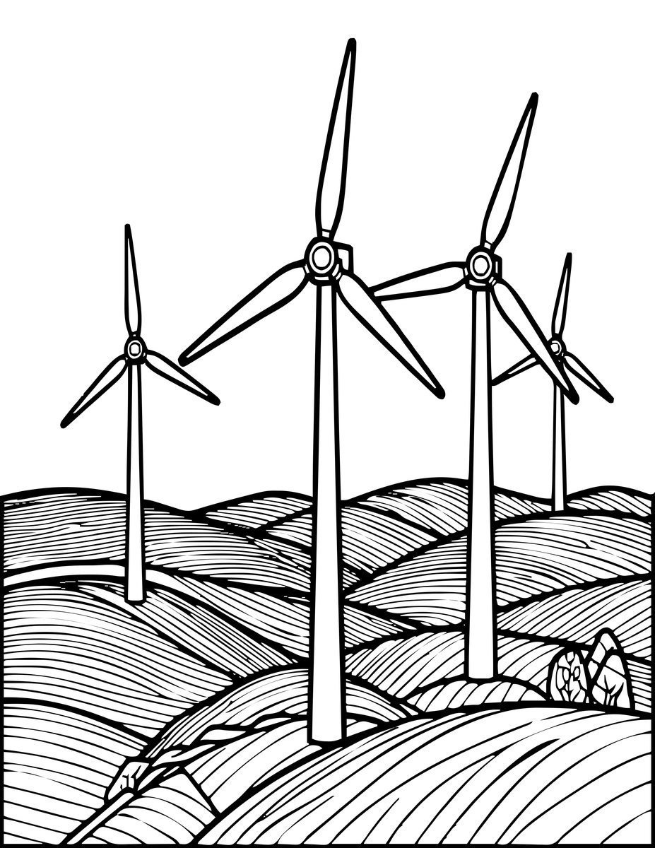 Modern Wind Turbines - free printable coloring page
