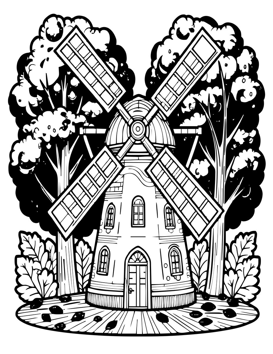 Windmill in Autumn - free printable coloring page