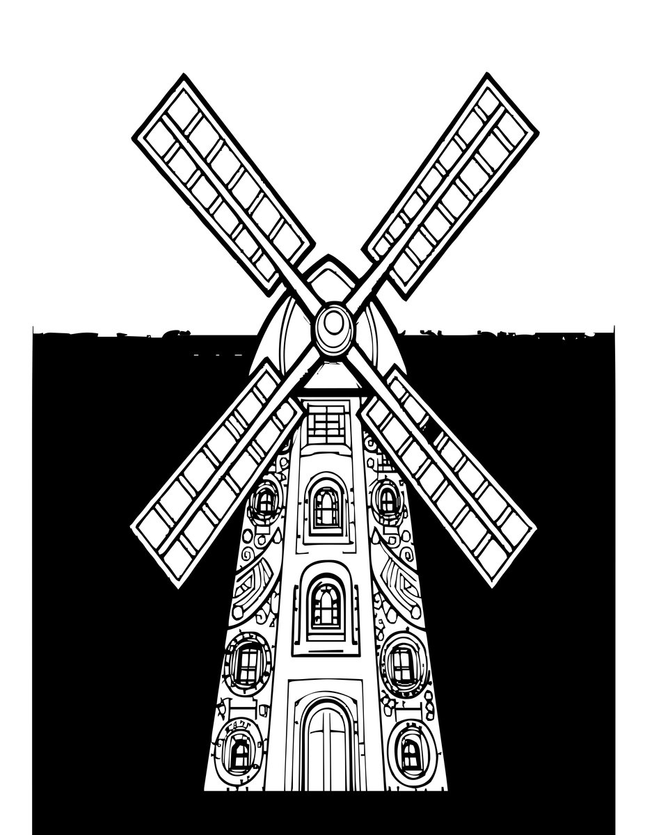 Windmill at Sunrise - free printable coloring page