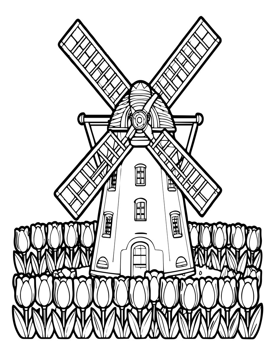 Windmill in Tulip Field - free printable coloring page