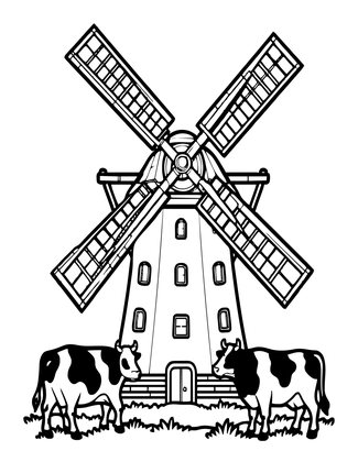 Windmill and Cattle - Free printable coloring page