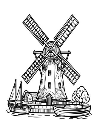 Windmill and Boats - Free printable coloring page
