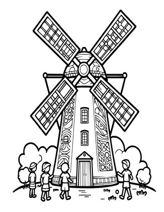 Children at Windmill - Free printable coloring page