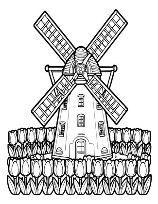 Windmill in Tulip Field - Free printable coloring page