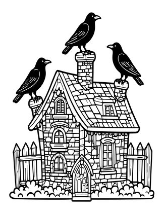 Cottage and Raven - Free printable coloring page