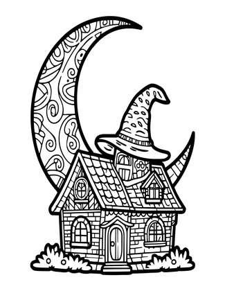 Cottage and Moon - Free printable coloring page