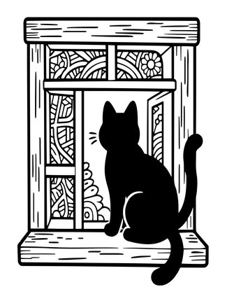 Cottage with Cat - Free printable coloring page