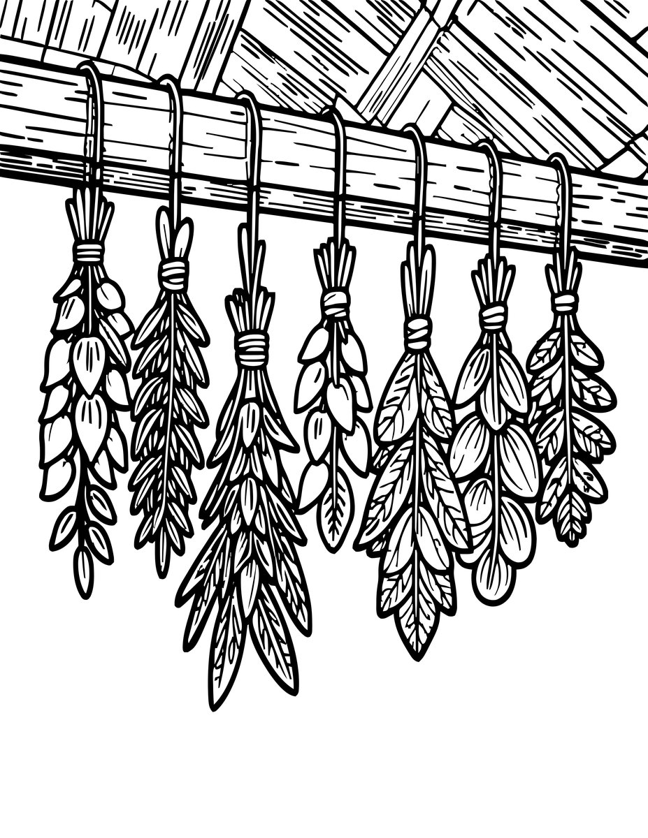 Herbs Drying - free printable coloring page