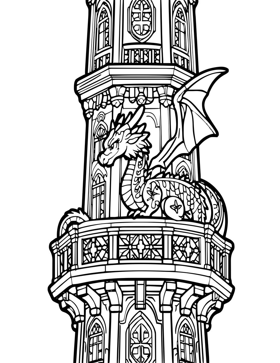 Tower and Dragon - free printable coloring page