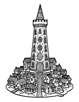 Tower and Village - Free printable coloring page