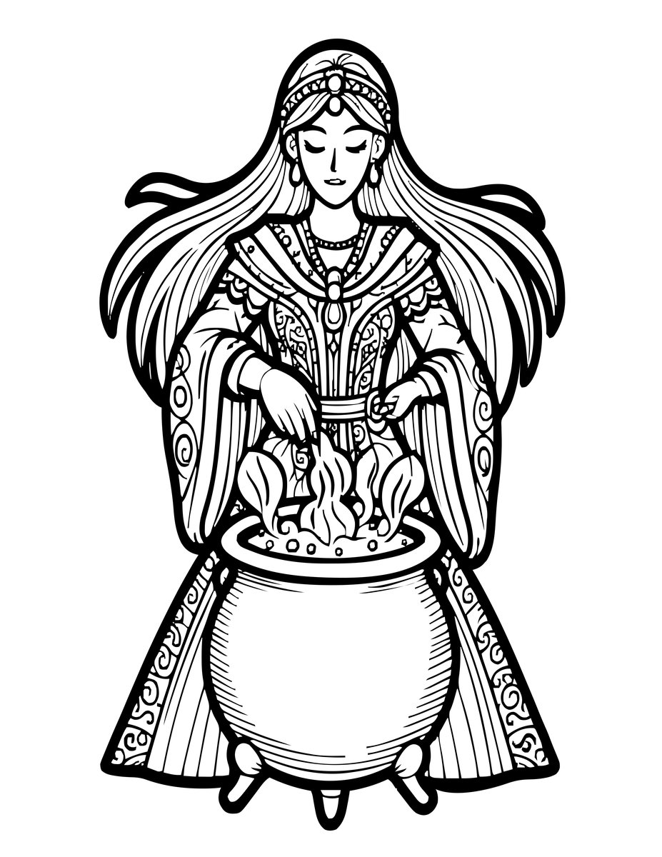 Sorceress at Cauldron - free printable coloring page