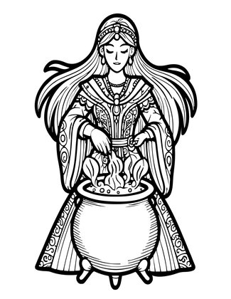 Sorceress at Cauldron - Free printable coloring page