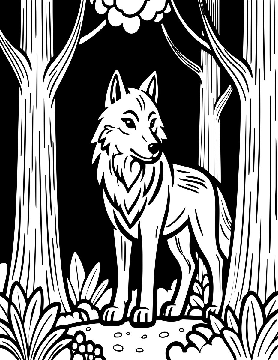 Wolf Among Trees - free printable coloring page