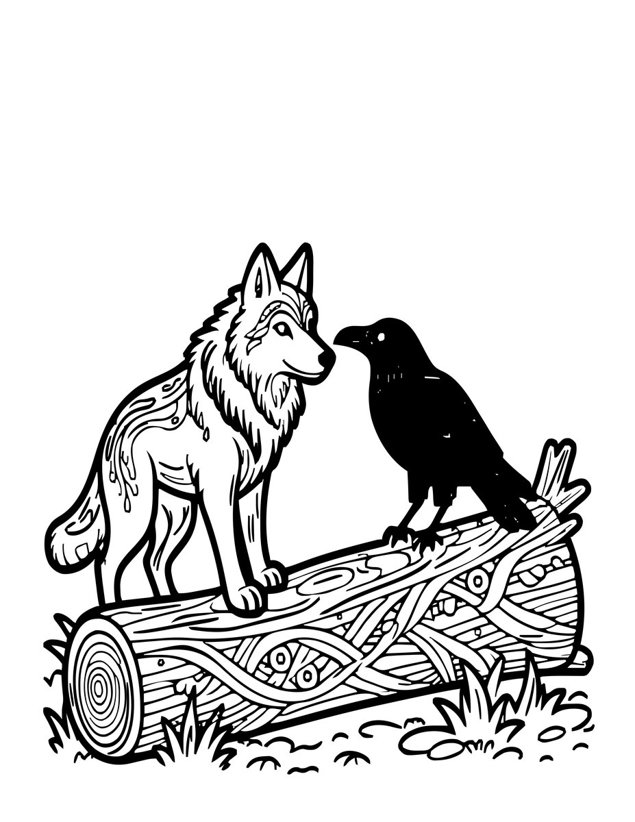 Wolf and Raven - free printable coloring page