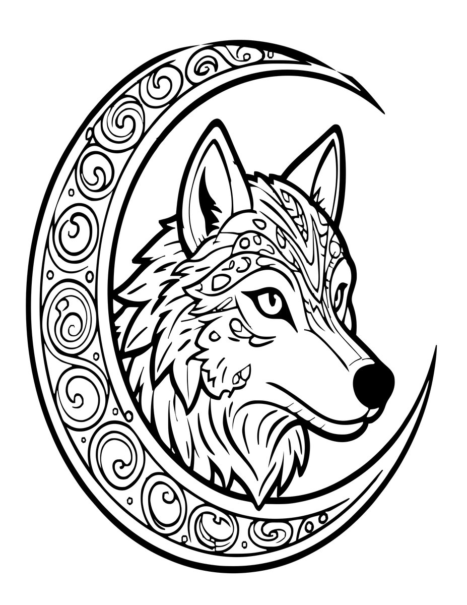Wolf and Moon - free printable coloring page