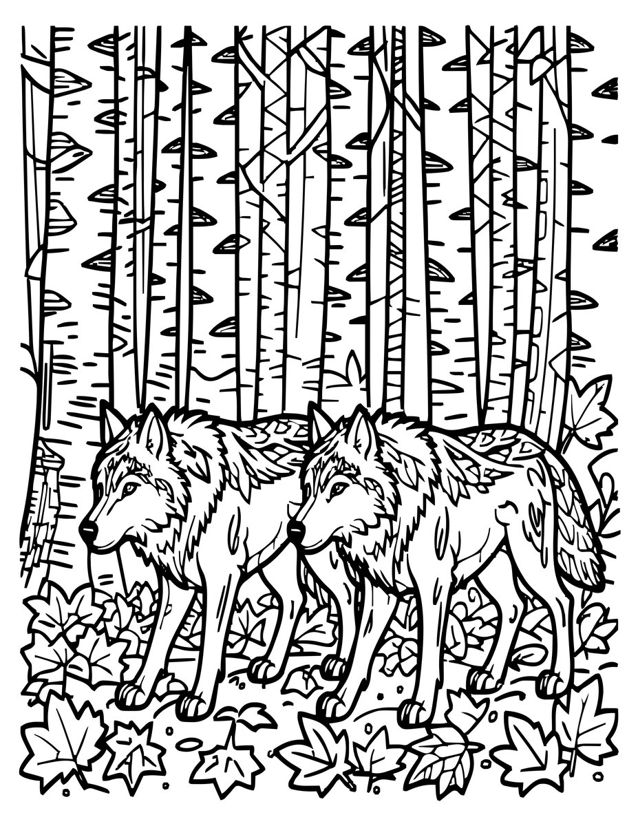 Autumn Wolves - free printable coloring page