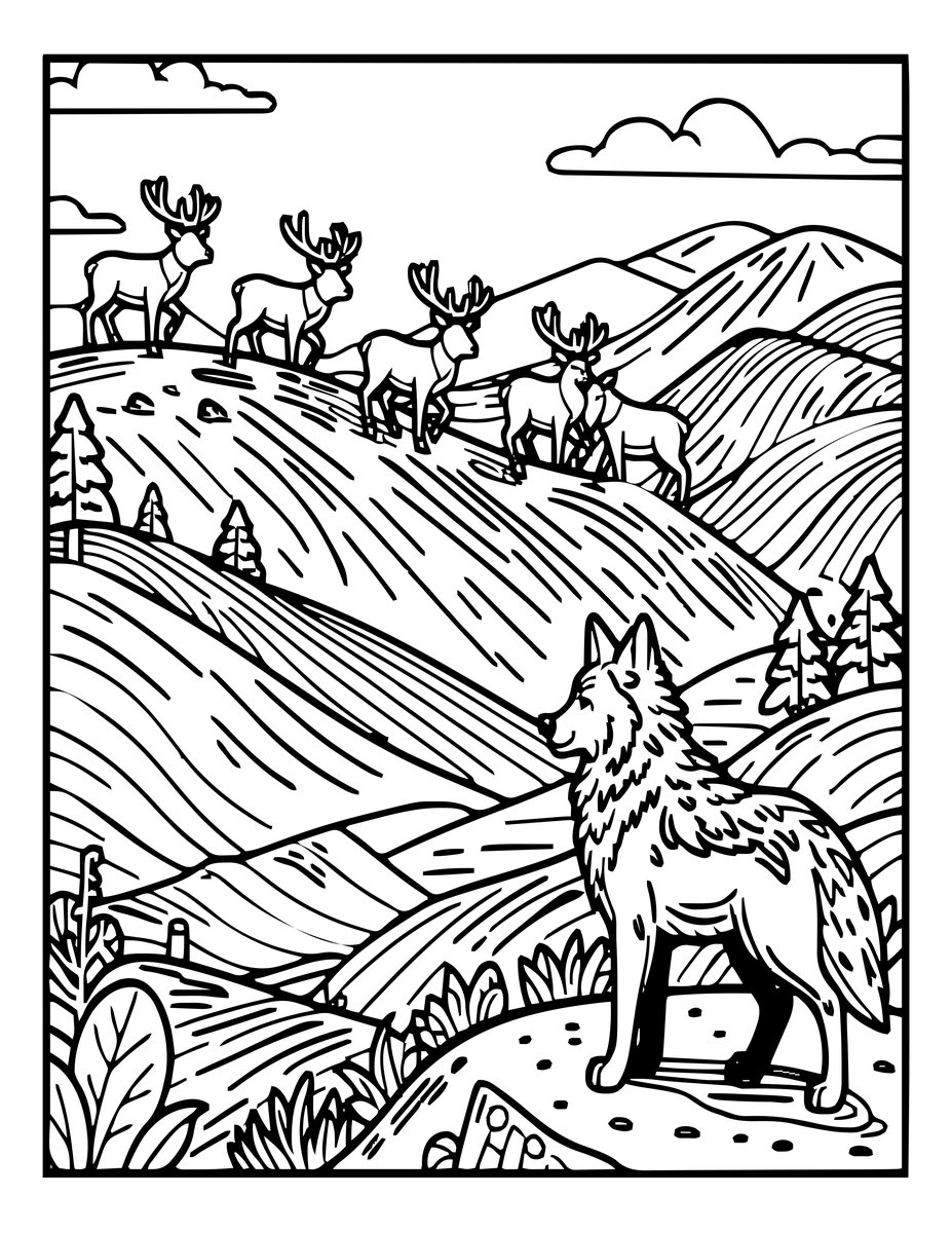 Grazing Elk Scene - free printable coloring page
