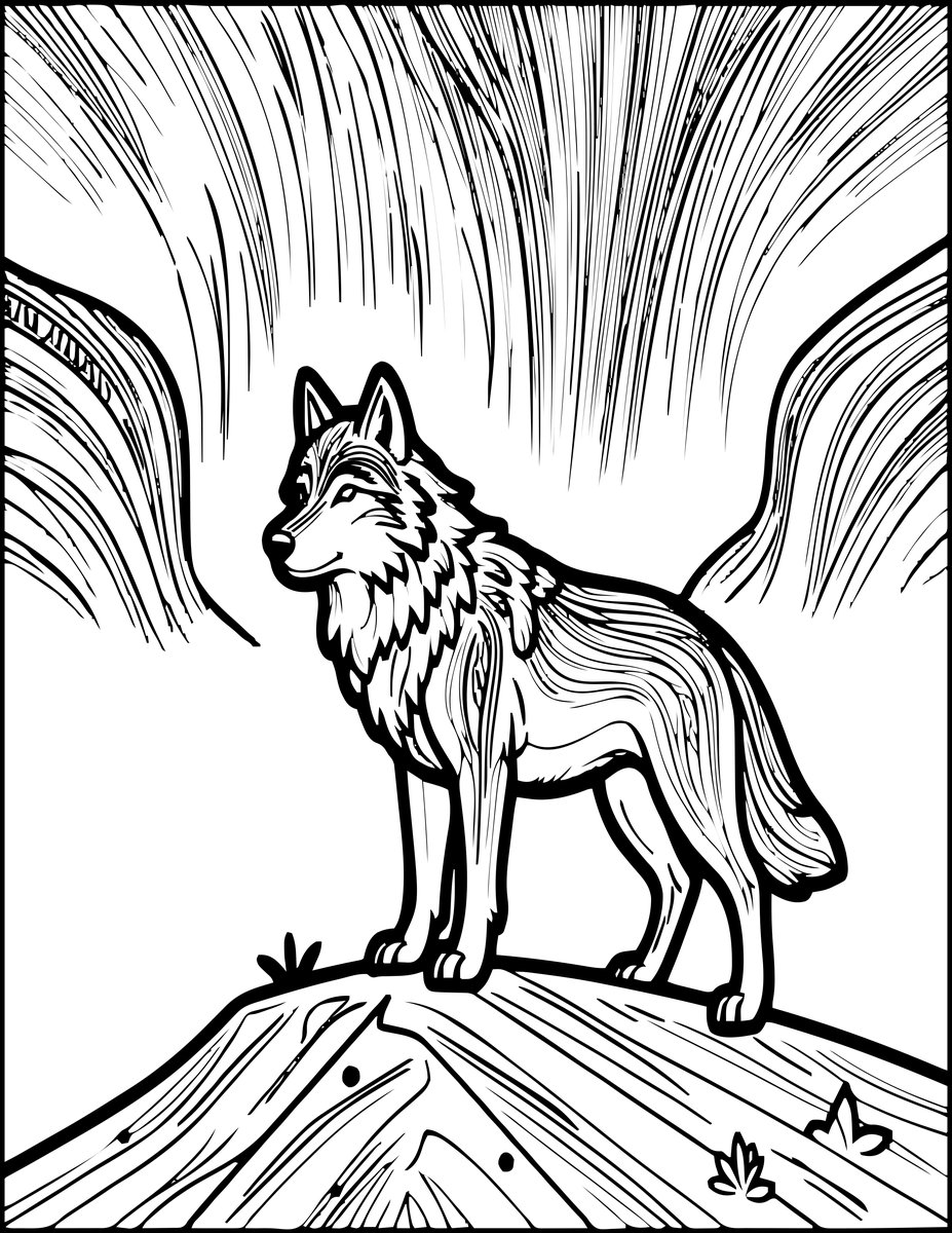 Wolf and Northern Lights - free printable coloring page