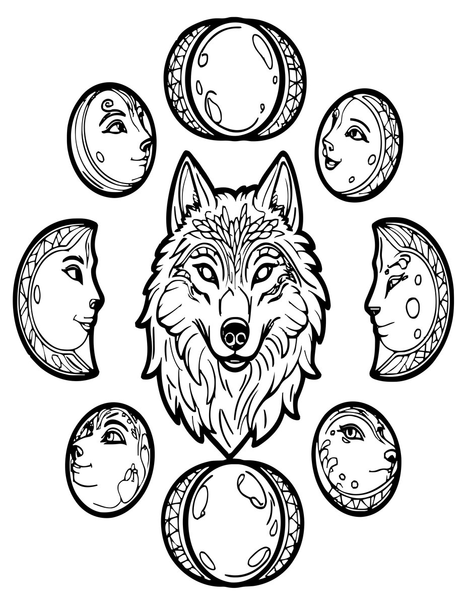 Wolf and Moon Phases - free printable coloring page