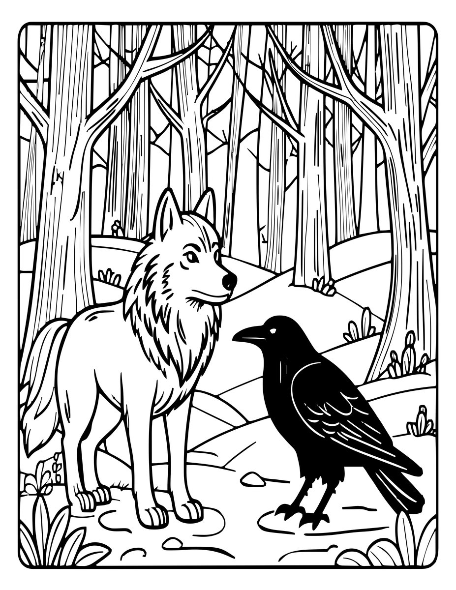 Wolf and Raven - free printable coloring page