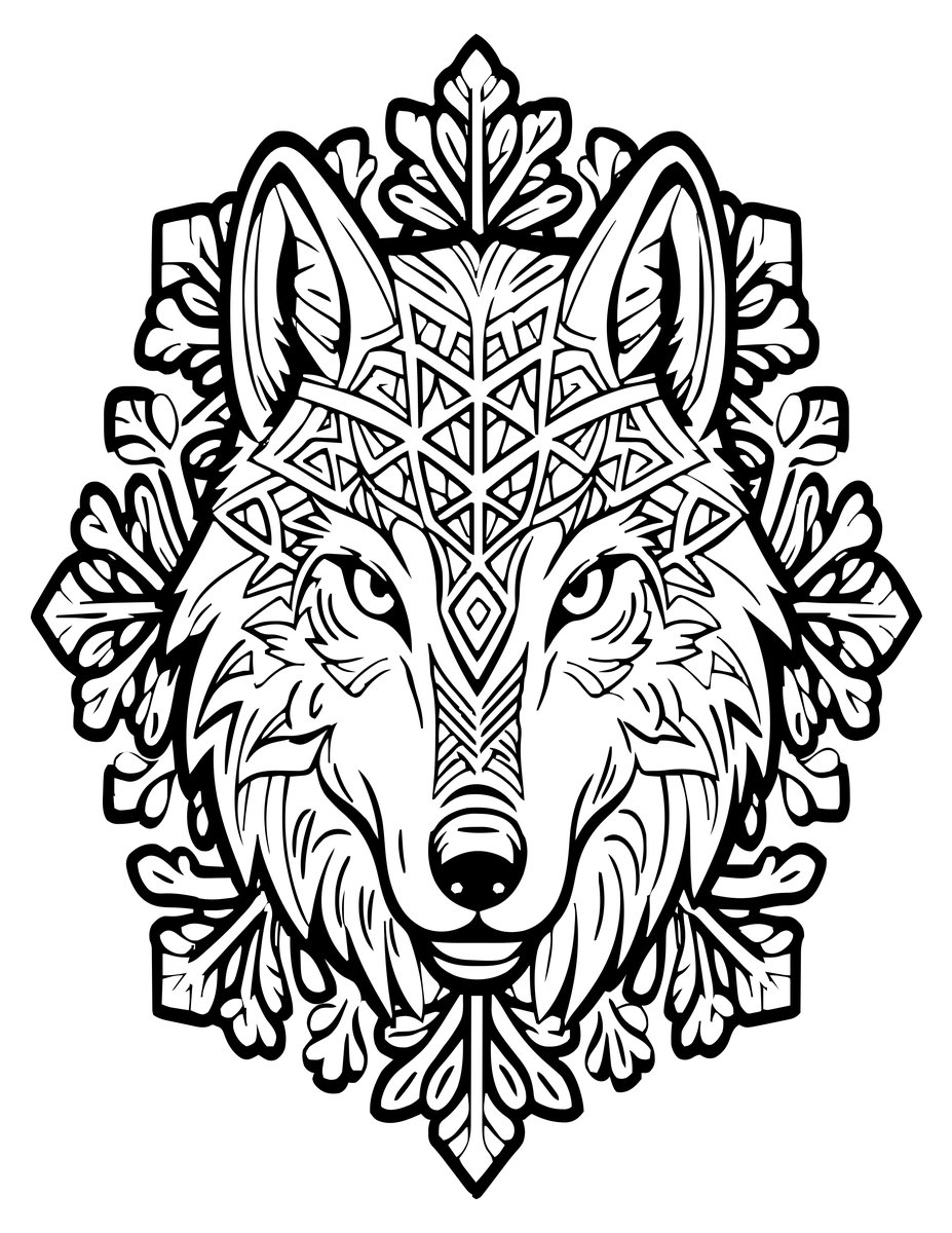 Wolf and Snowflakes - free printable coloring page