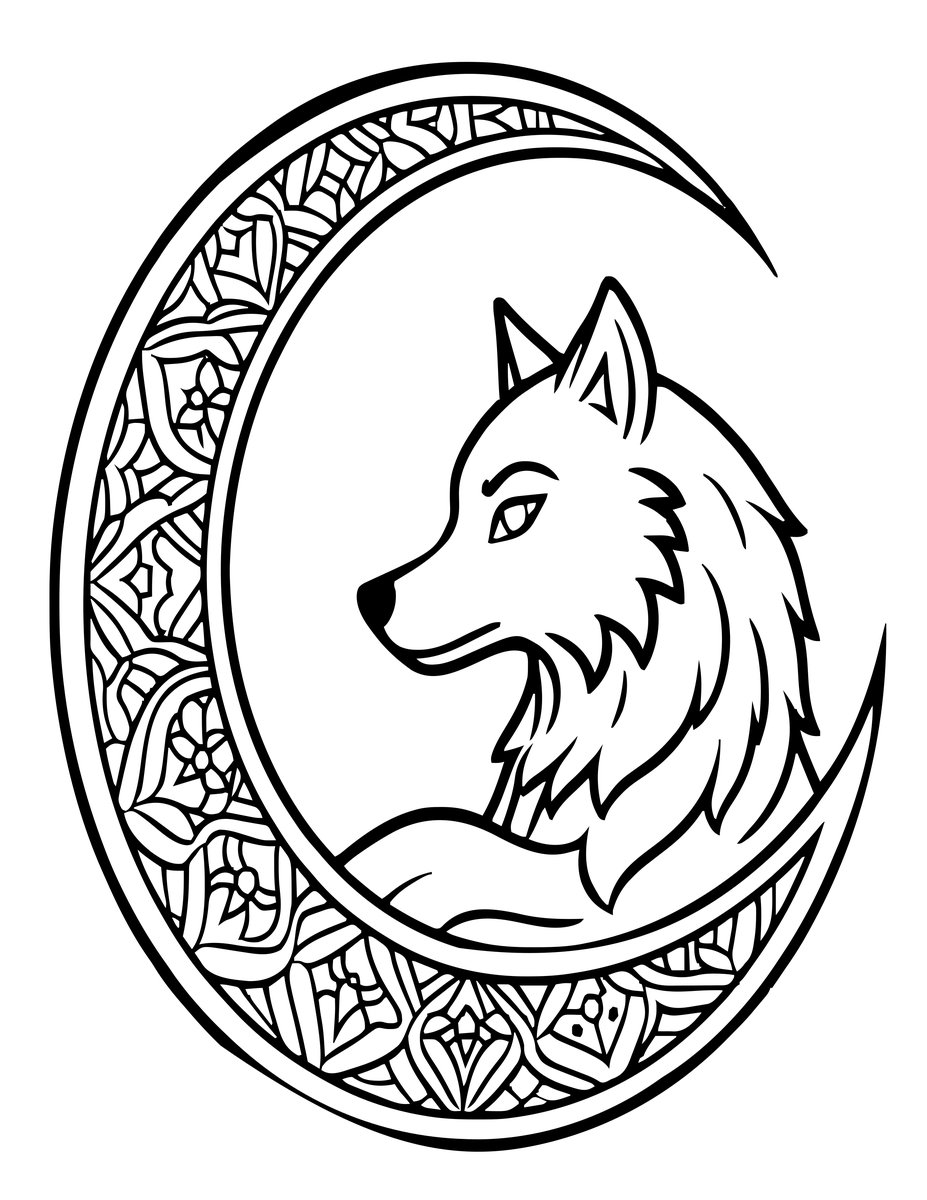Wolf and Crescent Moon - free printable coloring page