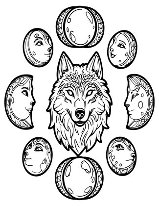 Wolf and Moon Phases - Free printable coloring page