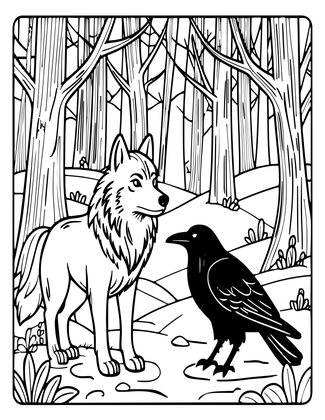 Wolf and Raven - Free printable coloring page