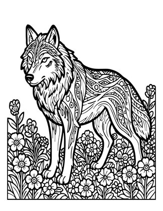 Wolf in Flowers - Free printable coloring page