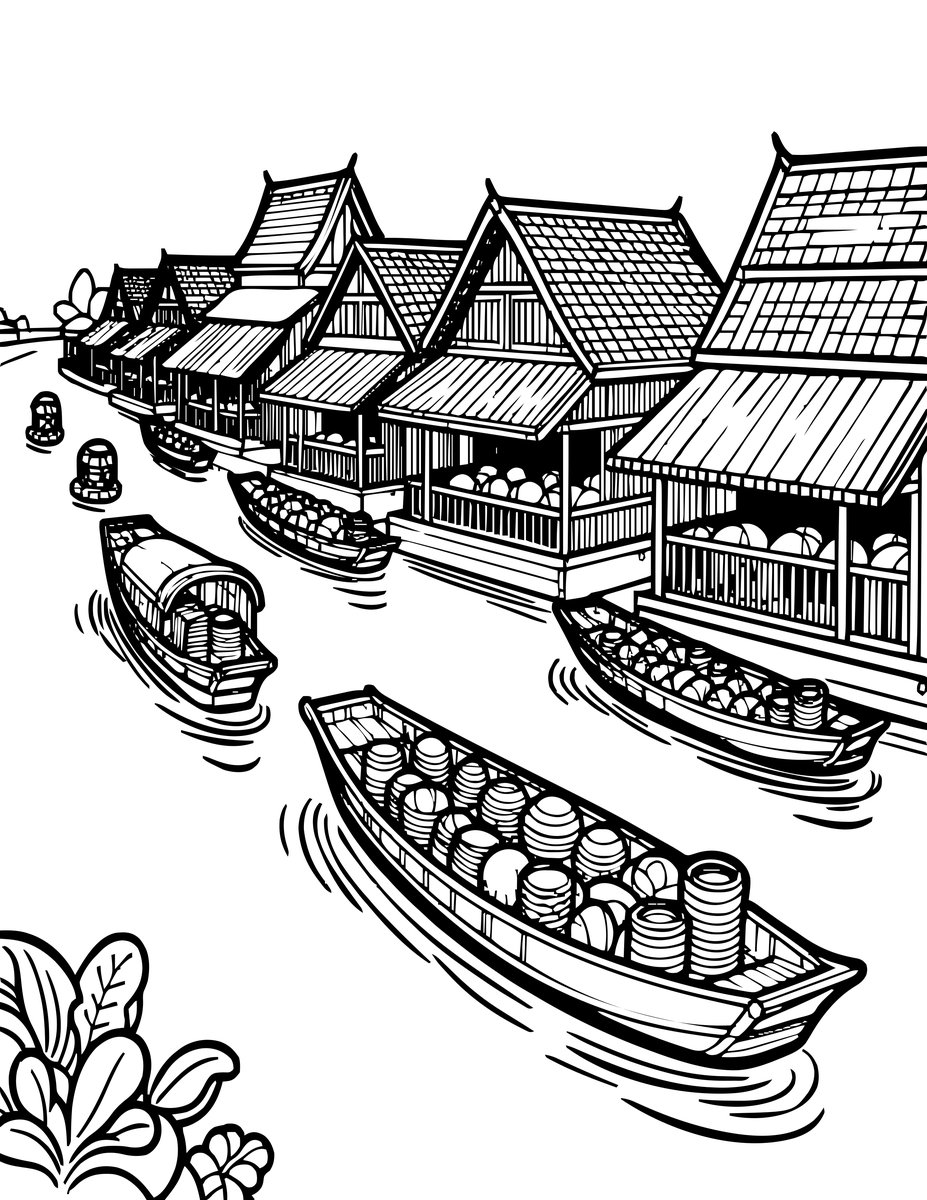 Floating Market - free printable coloring page