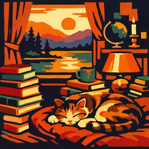 004 A Striped Cat Sleeps Peacefully On A Red Cushion PtR57Enl - free printable paint by numbers