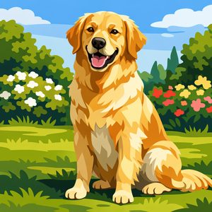 007 A Happy Golden Retriever Sits In A Lush Green MBJCiits - free printable paint by numbers
