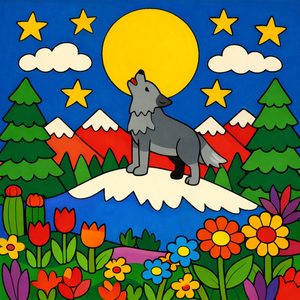 033 A Gray Wolf Howls At A Bright Yellow Moon Under A EZNELClf - free printable paint by numbers