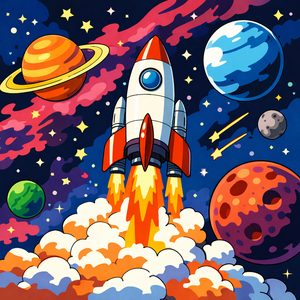 034 A Retro-Style Rocket Blasts Off Through Stylized SHq1xEZM - free printable paint by numbers
