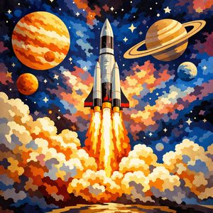 035 A Rocket Launches Amidst A Dramatic Cloud-Filled KyZBanny - free printable paint by numbers