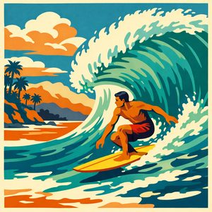 047 In A Retro Travel Poster Style A Man Surfs A PJUJYsl6 - free printable paint by numbers