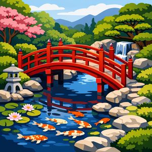 049 A Bright Red Arched Bridge Spans A Tranquil Pond DMa97oO3 - free printable paint by numbers
