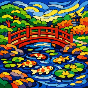 062 A Bright Red Arched Bridge Spans A Koi Pond MvDBnS68 - free printable paint by numbers