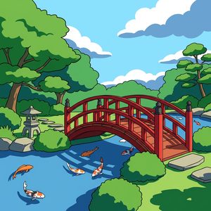 064 A Bright Red Arched Bridge Spans A Tranquil Pond PXmTZE9z - free printable paint by numbers