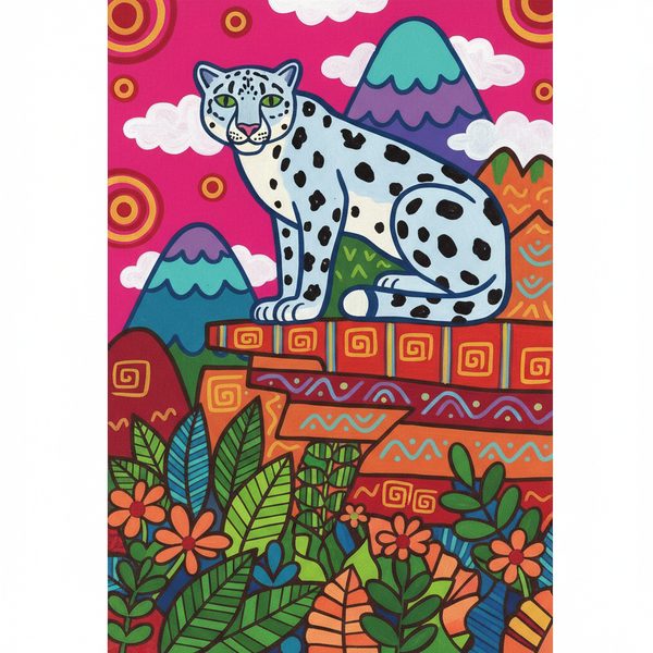 Animals And Wildlife paint by numbers - 005 In a folk art style a snow leopard with green TRrceb5q
