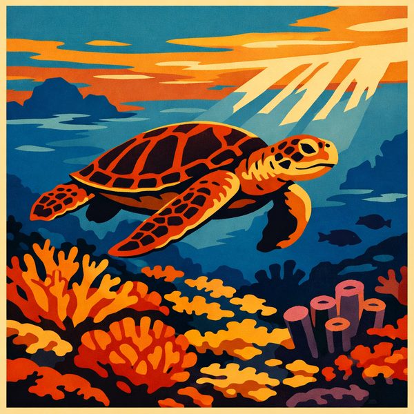 Underwater World paint by numbers - 006 In a stylized art deco poster a sea turtle swims mKP-yxEP