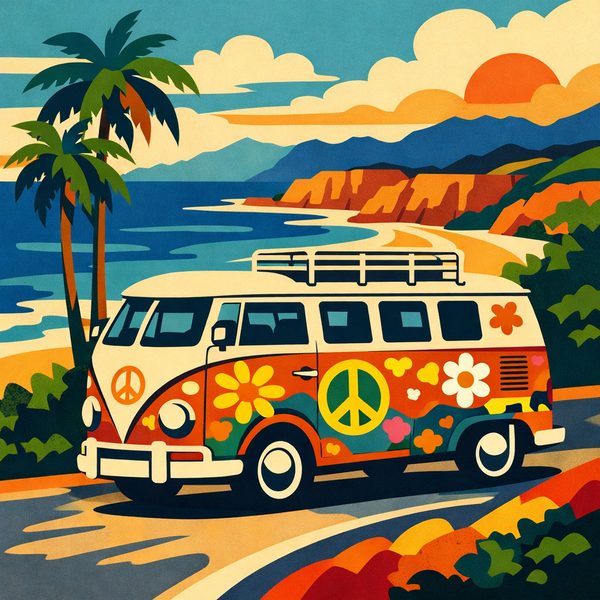 People And Lifestyle paint by numbers - 021 A retro camper van with peace signs and floral fQTEpWlo