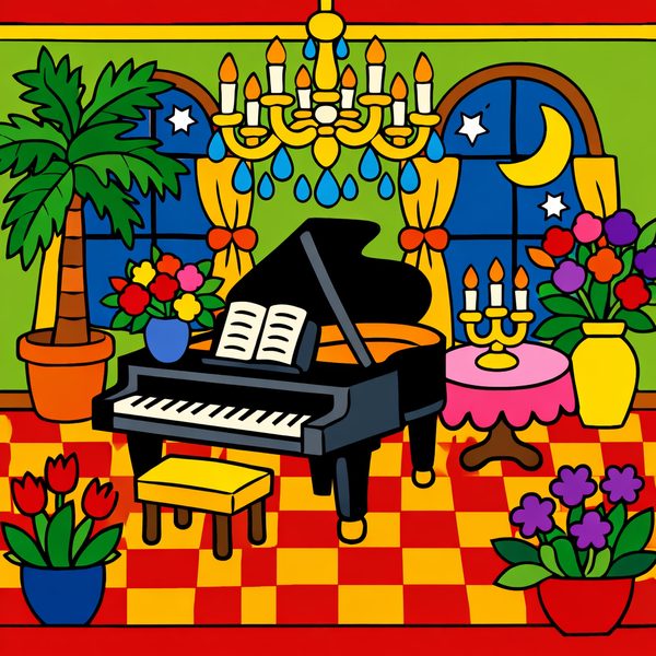 People And Lifestyle paint by numbers - 026 In a naive art style a grand piano sits centered av2Tr-K5