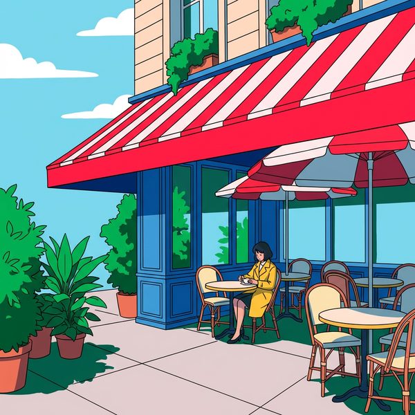 World Landmarks paint by numbers - 031 A lone woman in a yellow coat sits at a small FnlFY43t