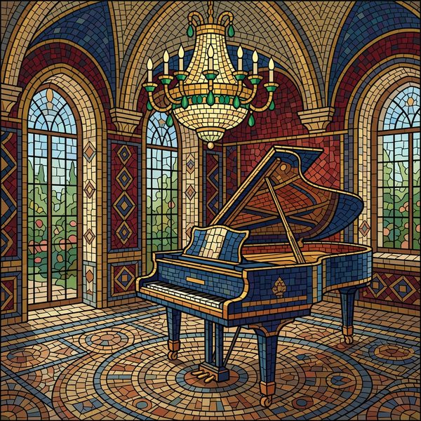 People And Lifestyle paint by numbers - 032 In a mosaic art style a grand piano sits in a RJcfZKO2