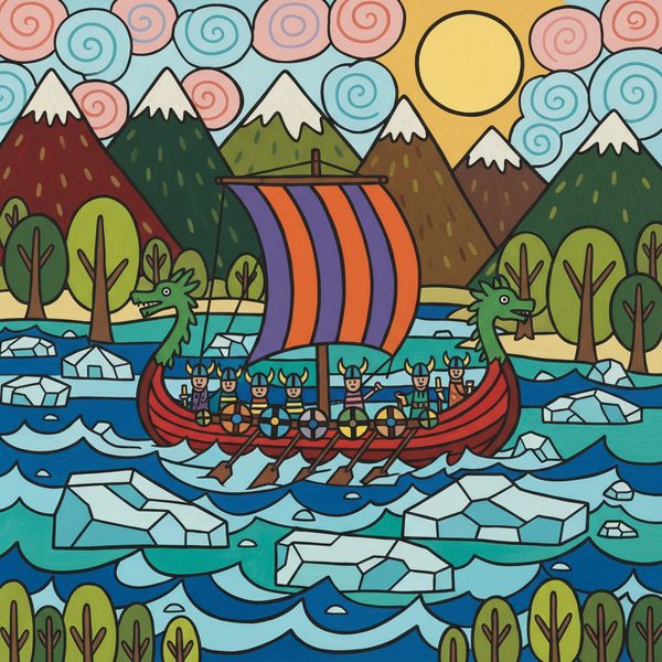 Fantasy And Adventure paint by numbers - 053 In a folk art style a Viking ship with a striped Brkdo5Tq