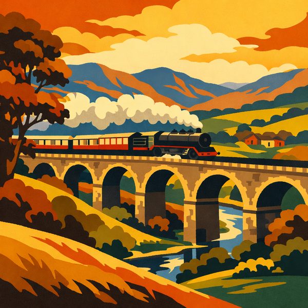 Vehicles And Transport paint by numbers - 054 A steam train crosses a stone arch bridge over a 5QSjAWyx